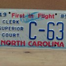 1989 North Carolina NC Clerk Superior Court License Plate C-63 NCG1