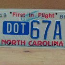 1986 North Carolina NC DOT License Plate DOT-67A