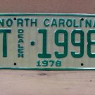 1978 North Carolina NC Trailer Dealer License Plate TD-1998 NCD1