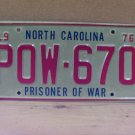 1976 North Carolina NC Prisoner of War License Plate POW-670 NCM1