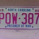 1980 North Carolina NC Prisoner of War License Plate POW-387 NCM1
