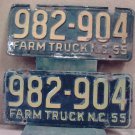 1955 North Carolina NC Farm Truck License Plate 982-904 Pair NCF1