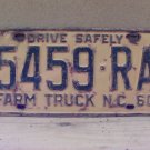 1960 North Carolina NC Farm Truck License Plate 5459-RA VG NCF1
