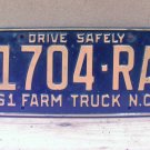 1961 North Carolina NC Farm Truck License Plate 1704-RA VG NCF1