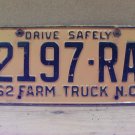 1962 North Carolina NC Farm Truck License Plate 2197-RA VG NCF1