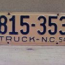 1954 North Carolina NC Truck YOM License Plate 815-353 VG NC12