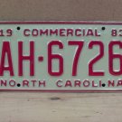 1983 North Carolina NC Commercial Truck YOM License Plate AH-6726 VG NCB2