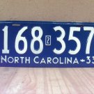 1933 North Carolina NC License Plate 168-357 YOM VG Repainted NCY1