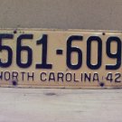 1942 North Carolina NC License Plate 561-609 VG YOM NCA1