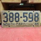 1945 North Carolina NC License Plate 388-598 VG YOM NCA1