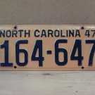 1947 North Carolina NC License Plate 164-647 YOM EX NCA1