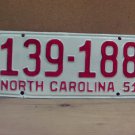 1951 North Carolina NC License Plate 139-188 YOM VG Repainted