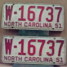1951 North Carolina NC License Plate Pair W-16737 YOM NCA1
