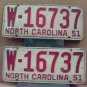 1951 North Carolina NC License Plate Pair W-16737 YOM NCA1