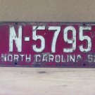 1952 North Carolina NC License Plate N-5795 YOM VG NCA1