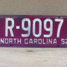 1952 North Carolina NC License Plate R-9097 YOM VG NCA1