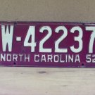 1952 North Carolina NC License Plate W-42237 YOM VG NCA1