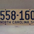 1954 North Carolina NC License Plate 558-160 YOM EX NCA1