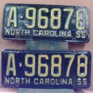 1955 North Carolina NC License Plate Pair A-96878 YOM NCA1