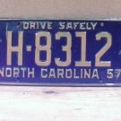 1957 North Carolina NC License Plate H-8312 YOM VG NCA2