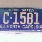 1961 North Carolina NC License Plate C-1581 YOM VG NCA2