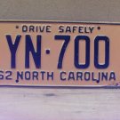 1962 North Carolina NC License Plate YN-700 YOM VG NCA2