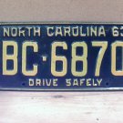 1963 North Carolina NC License Plate BC-6870 YOM VG NCA2