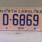 1964 North Carolina NC License Plate D-6869 YOM VG NCA2