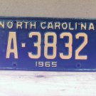 1965 North Carolina NC License Plate A-3832 YOM VG NCA2