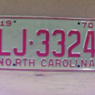 1970 North Carolina NC License Plate LJ-3324 YOM Mint NCA2