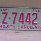 1970 North Carolina NC License Plate Z-7442 YOM EX NCA2