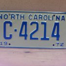 1972 North Carolina NC License Plate C-4214 YOM EX NCA2