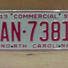 1999 North Carolina Commercial License Plate NC Mint! #AN-7381 NCN1