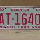 2005 North Carolina Weighted License Plate NC EX #AT-1640 NCN1