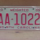 2005 North Carolina Weighted License Plate NC EX #AA-1022 NCN1