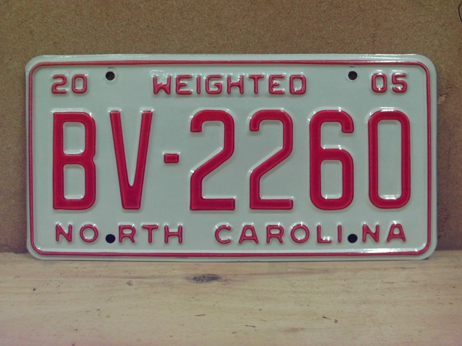 2005 North Carolina Weighted License Plate NC EX #BV-2260 NCN1