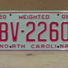2005 North Carolina Weighted License Plate NC EX #BV-2260 NCN1