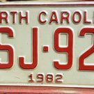 1982 North Carolina NC Passenger YOM License Plate YSJ-928 VG NCY4
