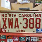 1983 North Carolina Passenger YOM License Plate VG NC XWA-388 NCY4
