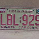 1985 North Carolina NC License Plate LBL-929 YOM VG NCY3