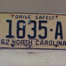 1962 North Carolina NC Taxi License Plate 1835-A VG NCT1