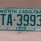 1978 North Carolina NC YOM Taxi Trans Am License Plate TA-3993 Mint NCQ1
