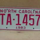 1983 North Carolina NC YOM Taxi Trans Am License Plate TA-1457 Mint NCQ1