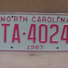 1987 North Carolina NC YOM Taxi Trans Am License Plate TA-4024 Mint NCQ1