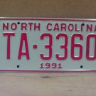 1991 North Carolina NC Taxi License Plate TA-3360 Mint NCT1