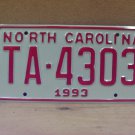 1993 North Carolina NC Taxi License Plate TA-4303 Mint NCT1