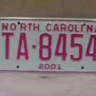 2001 North Carolina NC Taxi License Plate TA-8454 EX NCT1