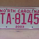 2003 North Carolina NC Taxi License Plate TA-8145 Mint NCT1