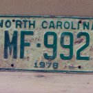 1978 North Carolina NC Manufacturer License Plate MF-992 G NCD1