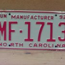 1992 North Carolina NC Manufacturer License Plate MF-1713 EX NCD1
